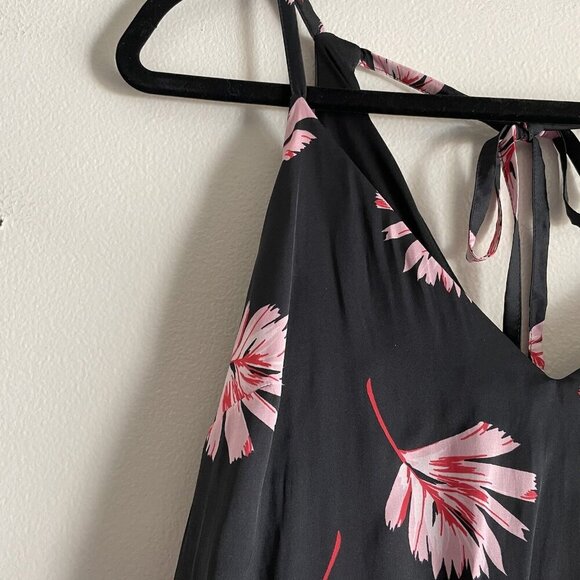 Express Womn L Black Floral Satin Tie Back Spaghetti Straps Faux Wrap Maxi Dress - Picture 6 of 10